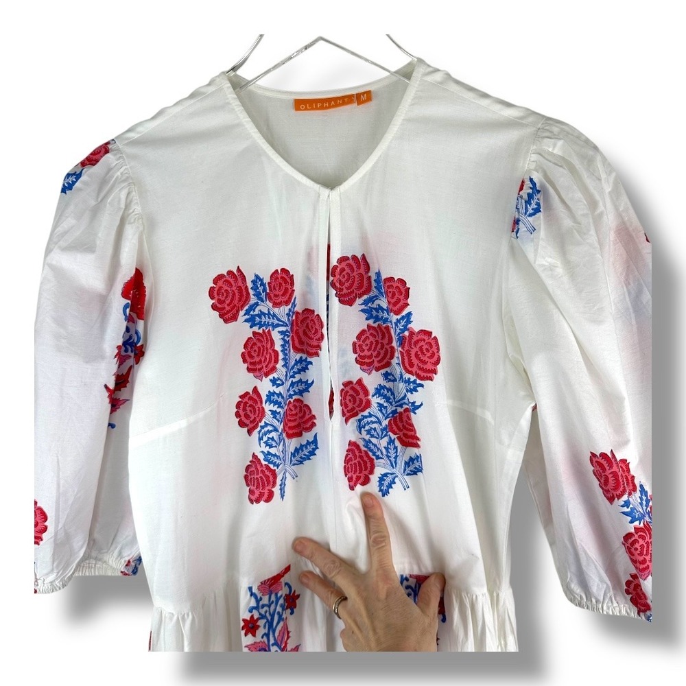 OLIPHANT Puff Maxi Dress Verna Red Blue Floral Tiered Skirt Puff Sleeve Cotton - Picture 3 of 16
